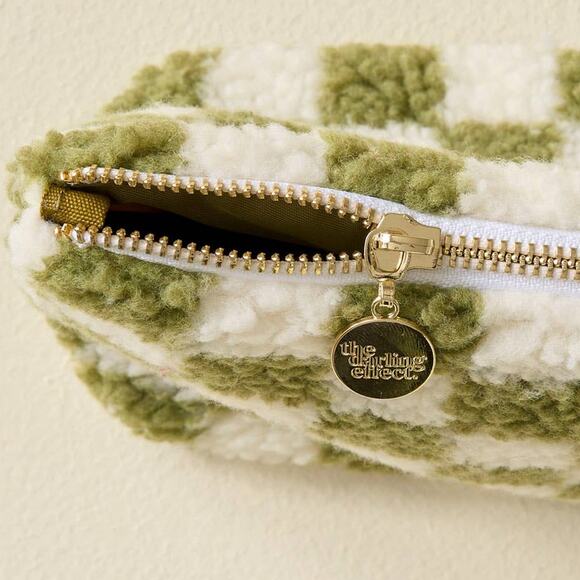 Sherpa Teddy Travel Cosmetic Pouch Check Green White - Picture 5 of 6